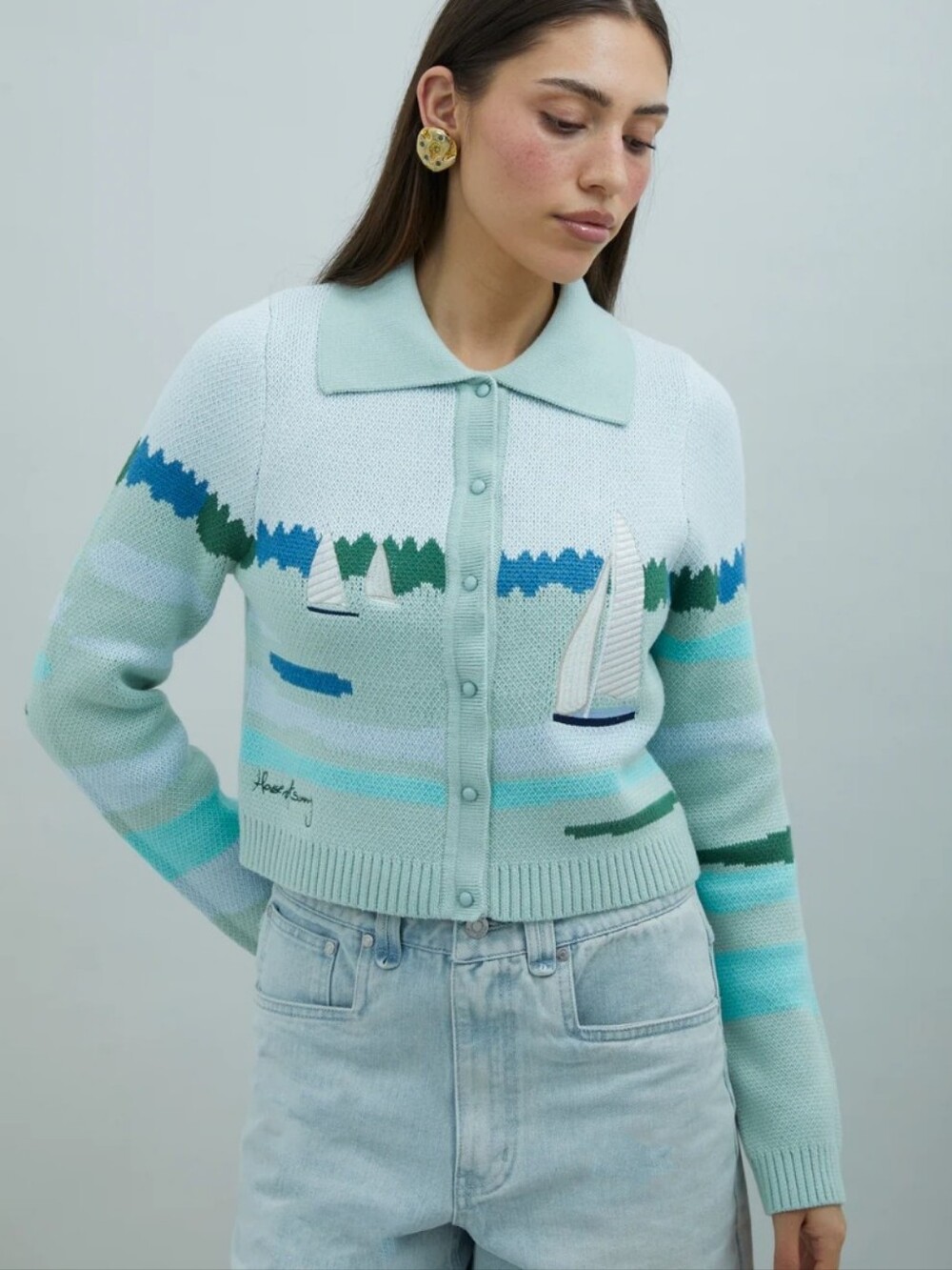 House of Sunny Pastel Mint & Teal Sailboat Knit Cardigan